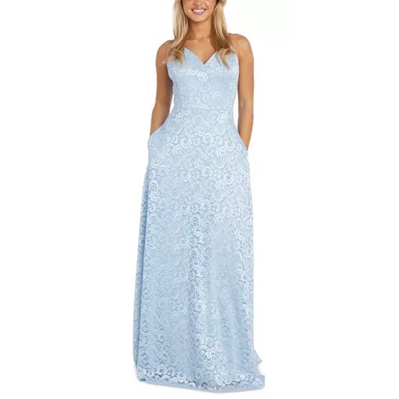 Nightway Ice Blue Glitter Lace Sweetheart Neck Strappy back Gown 8P NWT - Picture 1 of 9